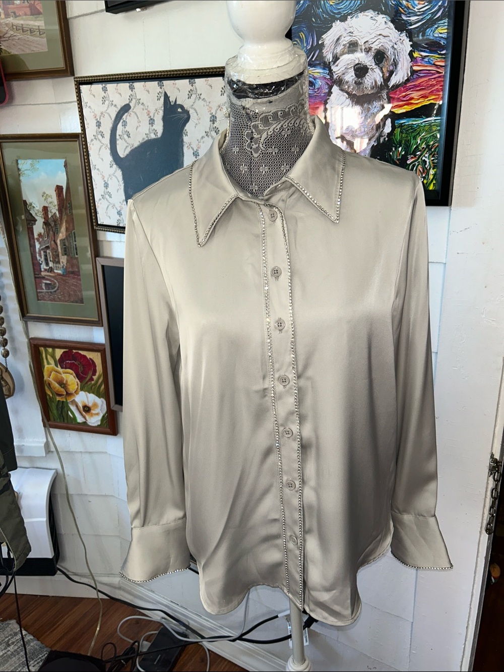 Rachel Zoe Champagne Satin Button-Down Blouse with Contrast Trim